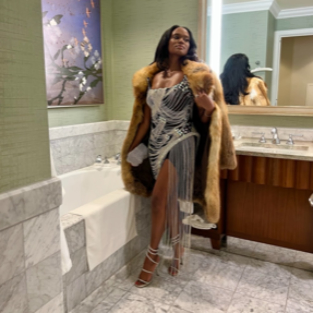 Jessica Bara Onyx Strapless Fringe Crystal Dress - NEW